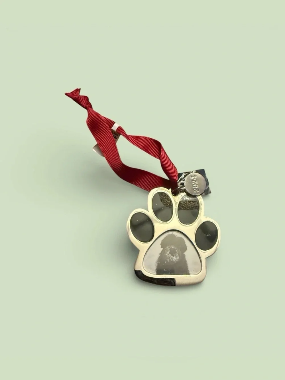 Crate and Barrel 2024 Silver Paw Print Christmas Ornament Photo Frame